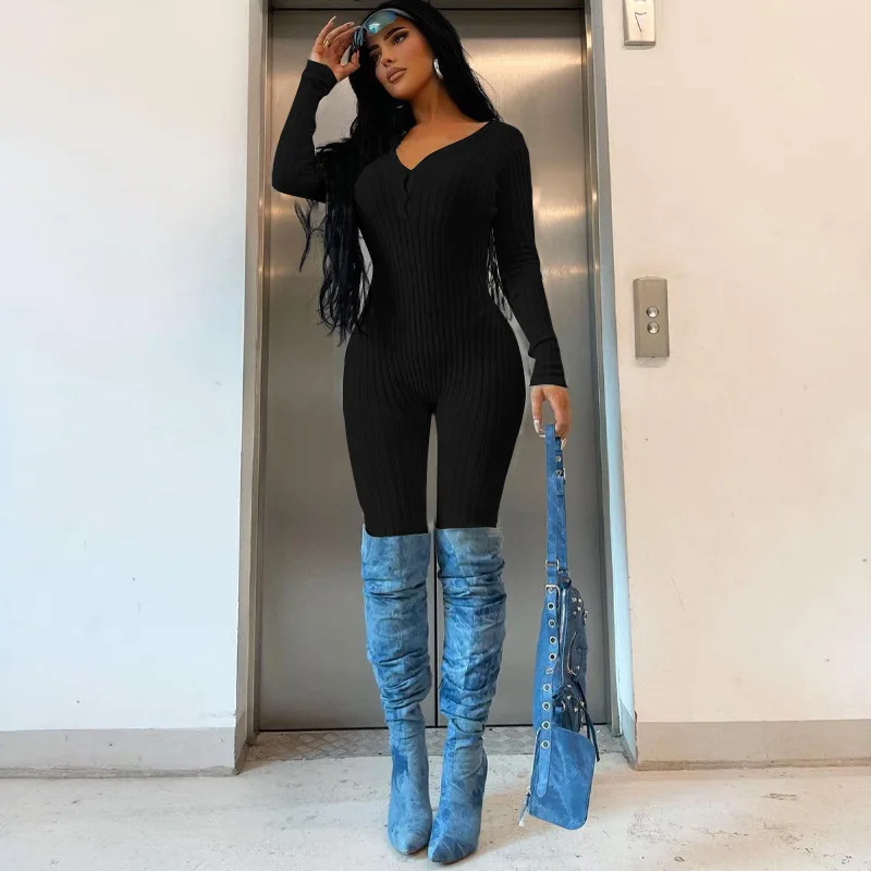 BKLD Autumn And Winter 2022 New Women Clothing Solid Color Round Neck Button Skinny Fitness Jumpsuit One Pieces Outfits