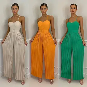 بدلة نسائي صيفية غير رسمية طويلة بذلة نسائية بلا أكمام متينة ومزينة بطيات واسعة الأرجل بدلة نسائية 5