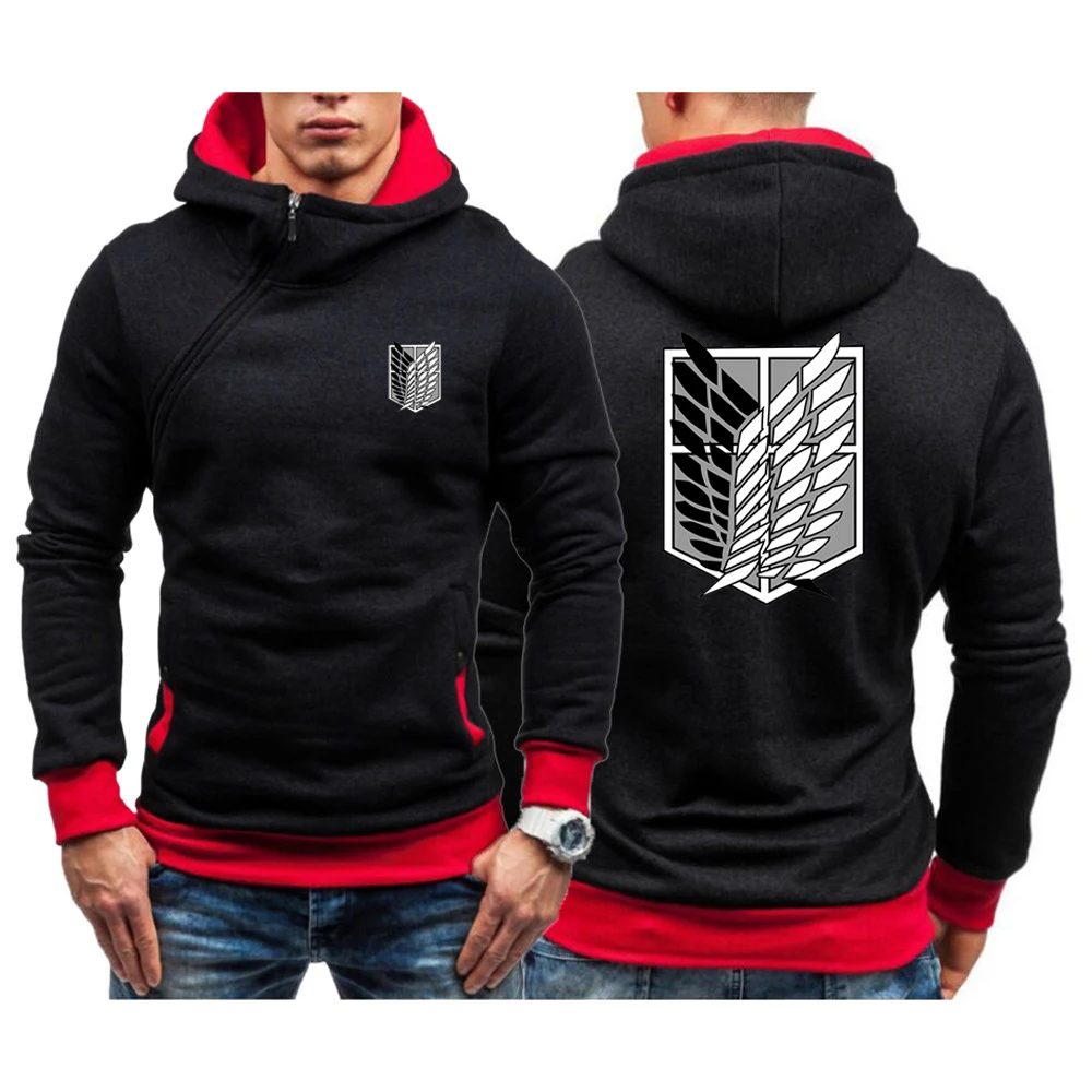 

2023 Spring Autumn New Man's Attack On Titan Logo Print Oblique Zipper Hooded Patchwork Hip Hop Fashion Casual Streetwear Hoodie