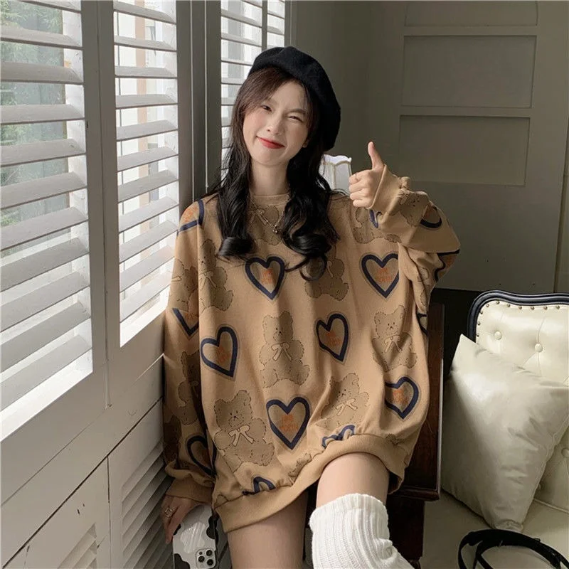 

Korean Streetwear Kawaii Beer Print Vrouwen Trui Lange Mouwen Herfst Hoodie Sweetheart Oversized Ronde Hals Patroon Pullover