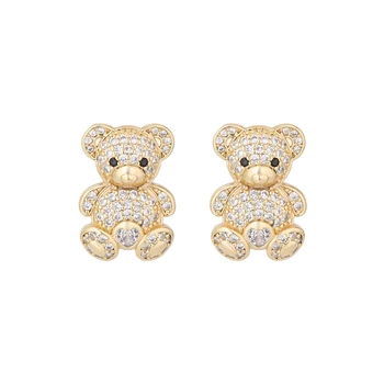 Cute Bear Stud Earrings with Zircon Stones Fashion Design Hypoallergenic Copper Jewelry Gift for Women Girls 4 Colors Available