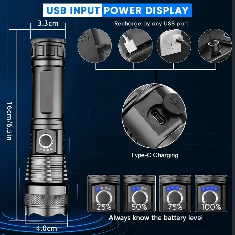 슈퍼 XHP120 강력한 Led 손전등 고전력 토치 라이트 충전식 전술 손전등 내장 18650 배터리 캠핑 램프