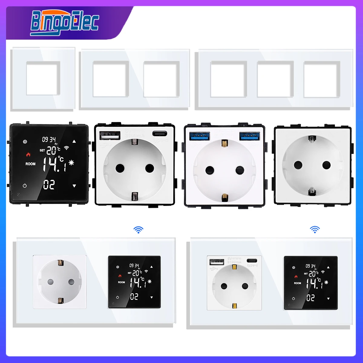 Wall Touch Switch Socket Bingoelec EU Standard Tuya WiFi Thermostat Part Glass Panel Parts Wall Socket USB TypeC Port Function Keys White DIY Module Part