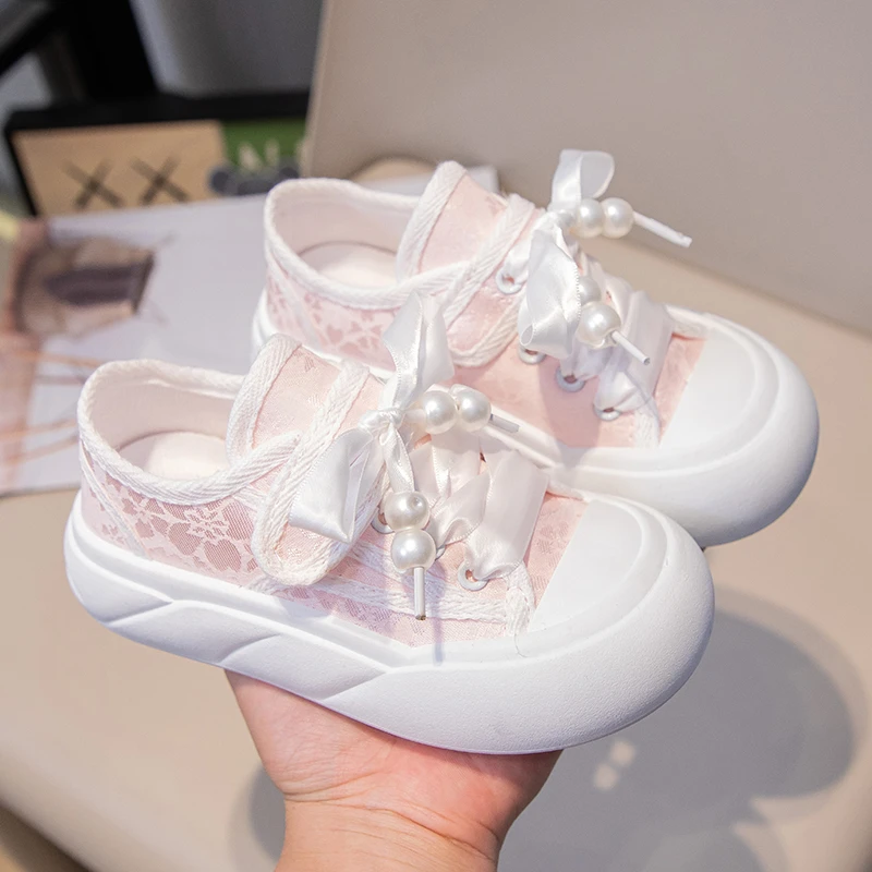 Girls Cotton Sneakers with Shiny Bow for Autumn