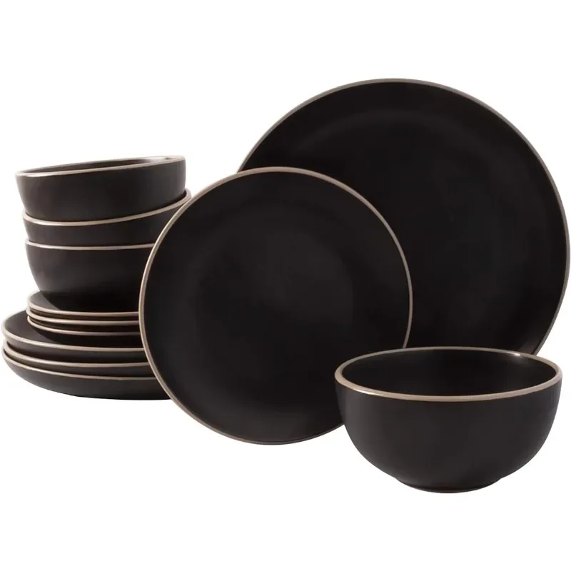 

DUTRIEUX Round Stoneware Dinnerware Sets, Service for 4 (12pcs), Black tableware plates