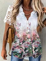 Women Shirt Floral Daily Weekend Floral Blouse Shirt Women Short Sleeve Button Print V Neck Casual Tops 1