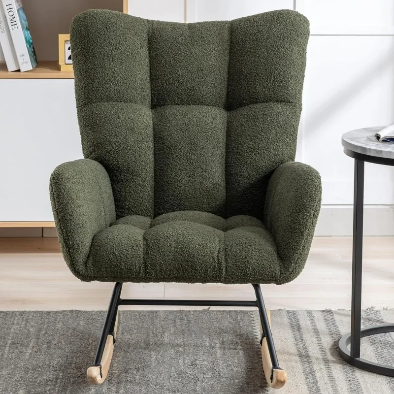 

Modern Glider Rocking Chair Nursery, Teddy Fabric Upholstered Rocker Chair with Solid Wood Base, Comfy Wingback Accent Armchair