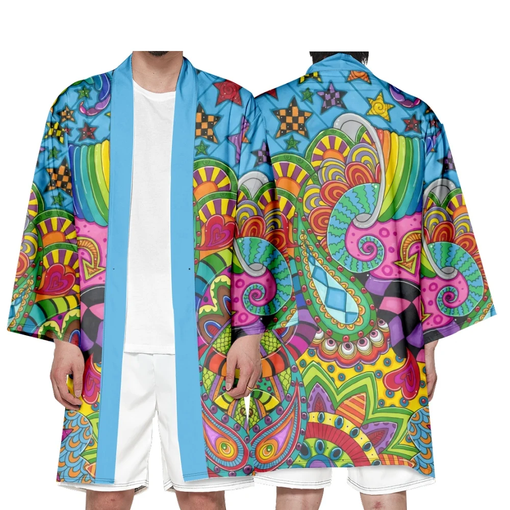 Men's Japanese Long Kimono Cardigan Men's Samurai Clothing Kimono Psychedelic Pattern Shirt Yukata Jacket
