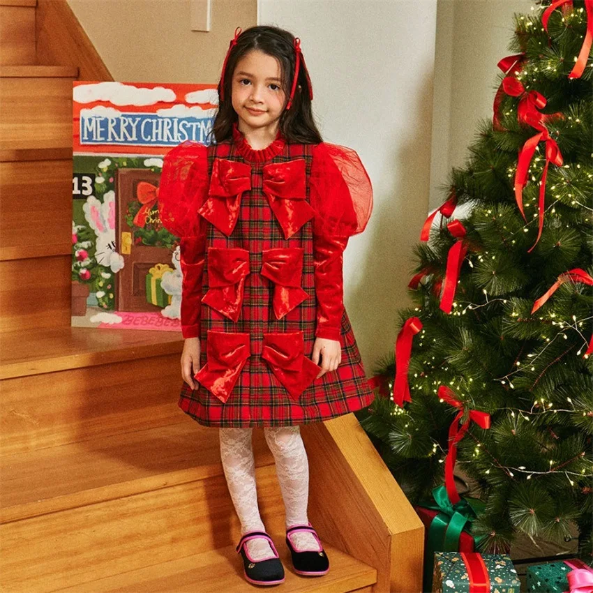 spot BE children's New Year clothing Autumn and winter girls Korean version red plaid thickened dress Children's New Year p