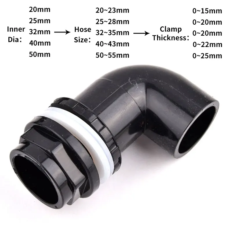 1Pc 20 ~ 50mm Schwarz PVC Rohr Überlauf Stecker Aquarium Aquarium Entwässerung Joint Garten Bewässerung Einlass Auslass ablauf Armaturen – Detail 3