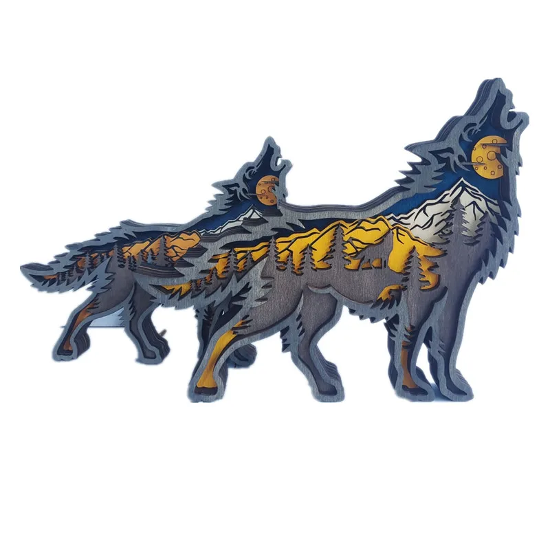 Wolf Totem Wooden Hollow Christmas Decoration - LED Lit Home & Desktop Carving Craft