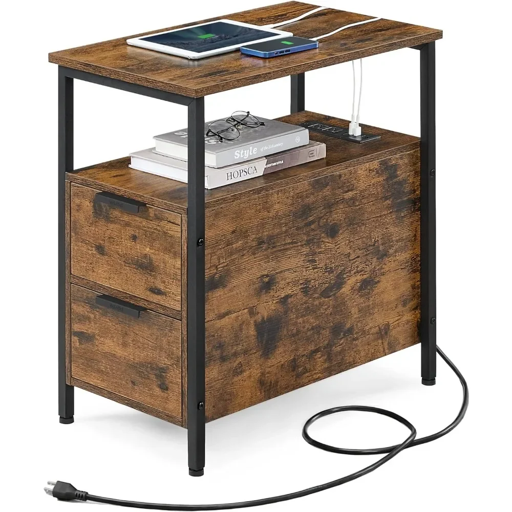 

Side Table with Charging Station, Narrow End Table with 2 Drawers, Slim Nightstand and Bedside Table with Storage Free Shipping