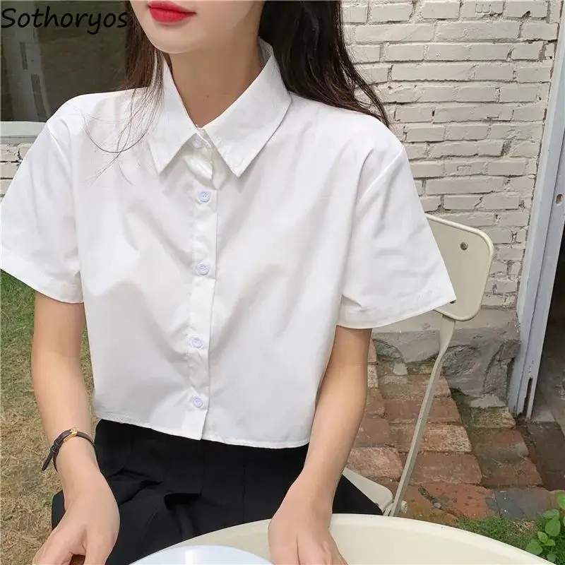 

Short Sleeve Crop Shirts Women Tops Summer Cute Girlish Korean Fashion Baggy Preppy Style Students White Camisas De Mujer Ins