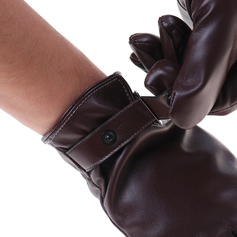 Men's Winter Leather Warm Gloves Men Fashion Waterproof Faux Driving Thin for Touch Screen Brown Guantes 4