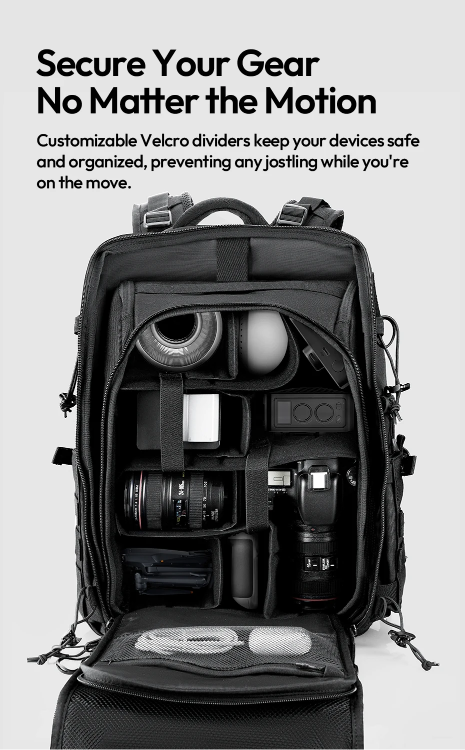 Tactical Camera Backpack 28L with Side Pockets Dividers U-Shaped Opening Foldabl