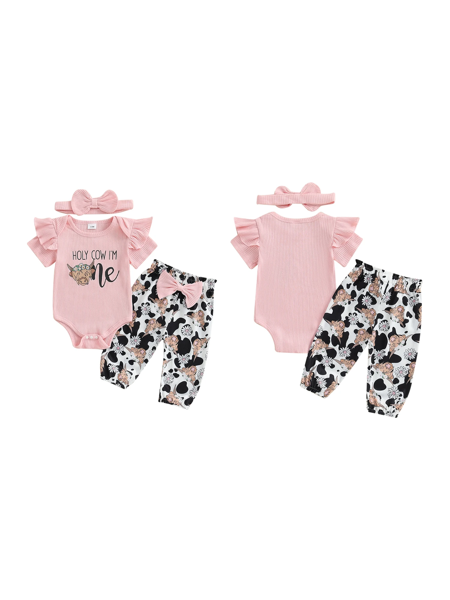 Description Picture 3 of itemBaby Girls 3PCS Pants Sets Short Sleeve Letter Print Romper Cattle Head Print Pants Headband Sets