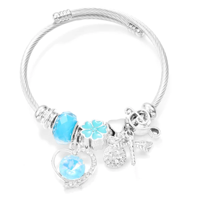New Trendy Rhinestones Dragonfly Crystal Beaded Pendant Bracelet Stainless Steel 4 Colors Closure Bangles Women Bracelet Jewelry 4