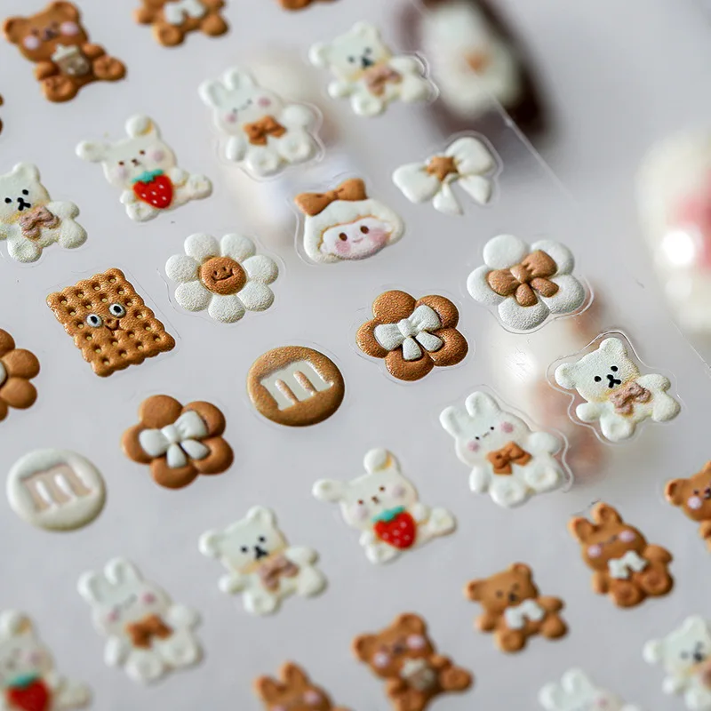 

5D Brown Bear Nail Stickers Cute Cartoon Engraved Sliders Kawaii Bears Bowknot Acrylic Nails Decal Manicure Supplies