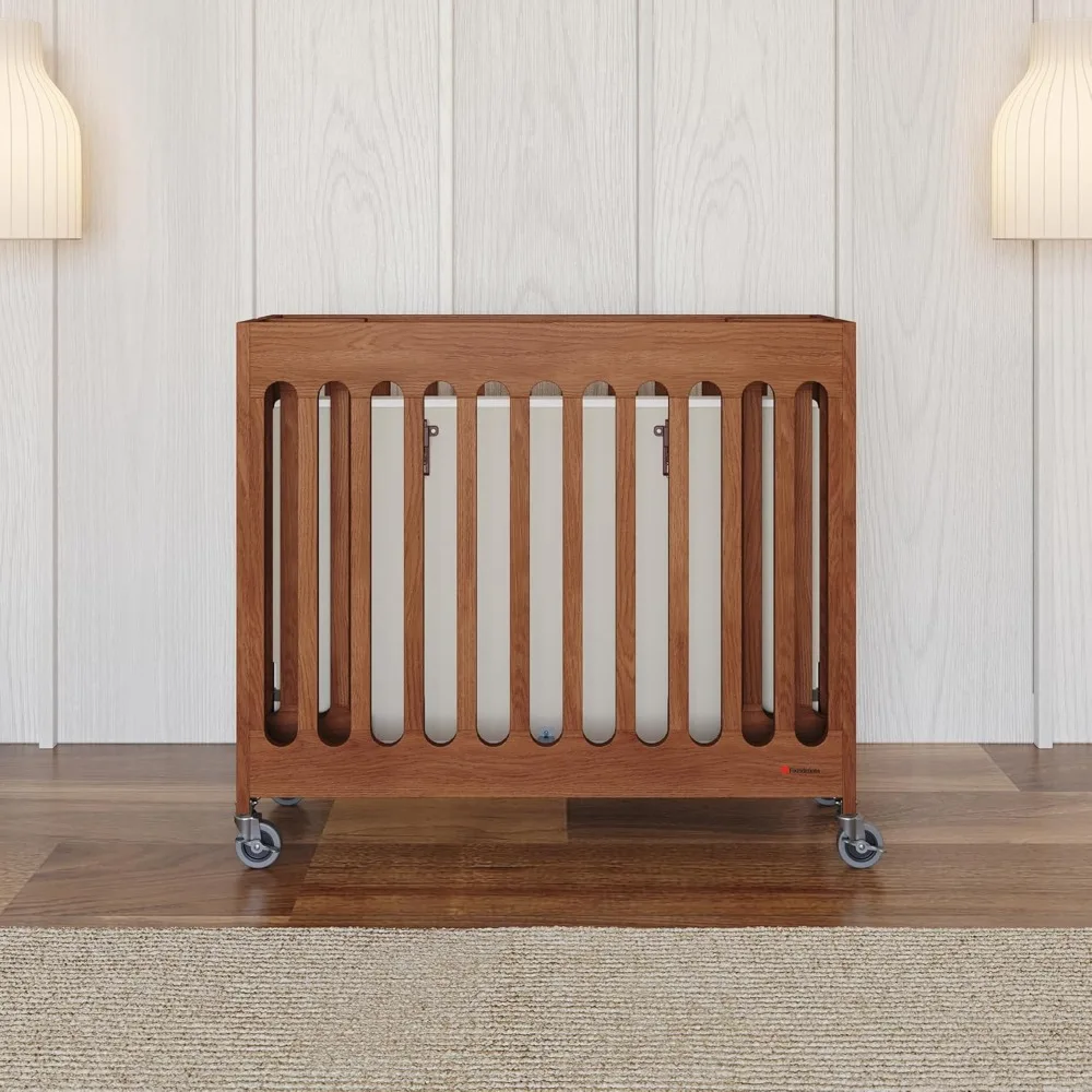 Boutique Compact Folding Crib for Baby, Portable Mini Crib for Hotels, Homes, and Nurseries, Wood Crib, Commercial Casters 2