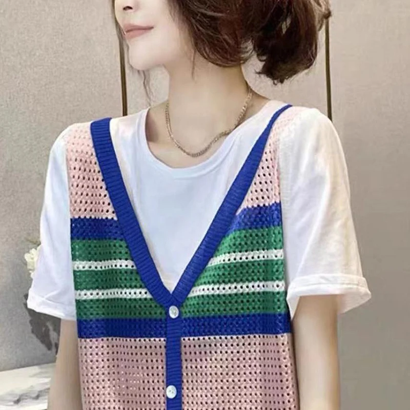 Fashion O-Neck Spliced Striped Hollow Out Fake Two Pieces Blouses Women's Clothing 2024 Summer Loose Korean Tops Casual Shirts