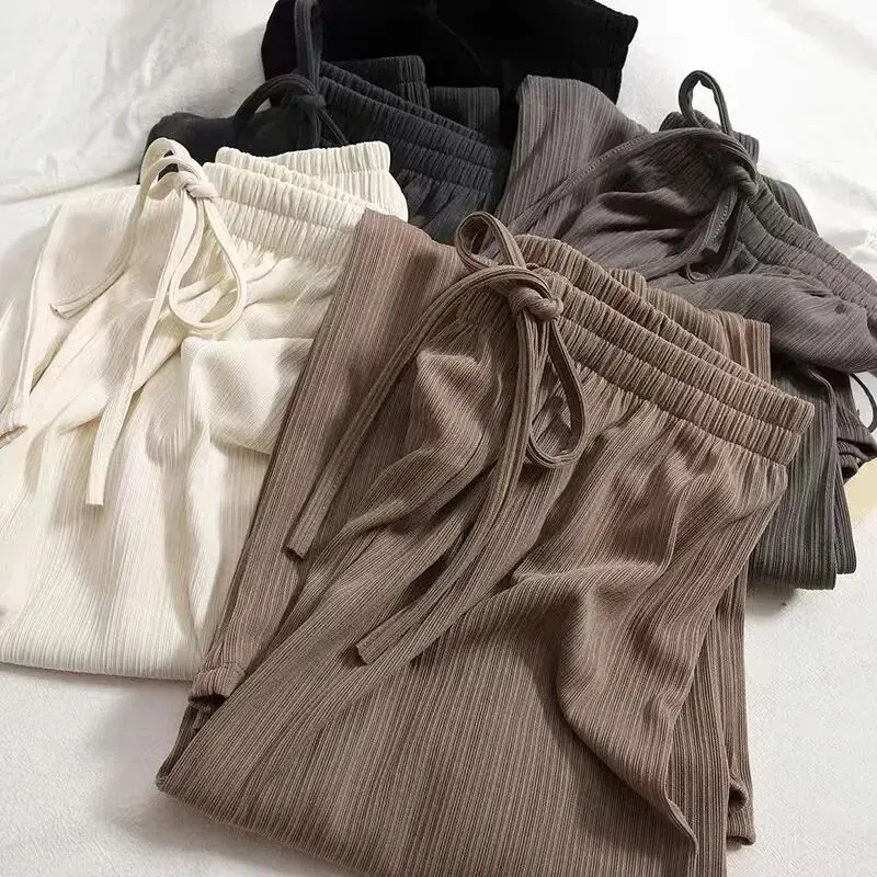 

Drawstring Thin Pants Women Summer Breathable Female Solid Fashion Straight Popular High Waist All-match Korean Style Baggy Soft