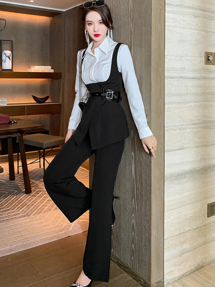 2023 Fashion Elegant Office Lady 3 Piece Suits White Shirt Slim Double  Breasted Small Vest Belt High Waist Long Pants Women Sets