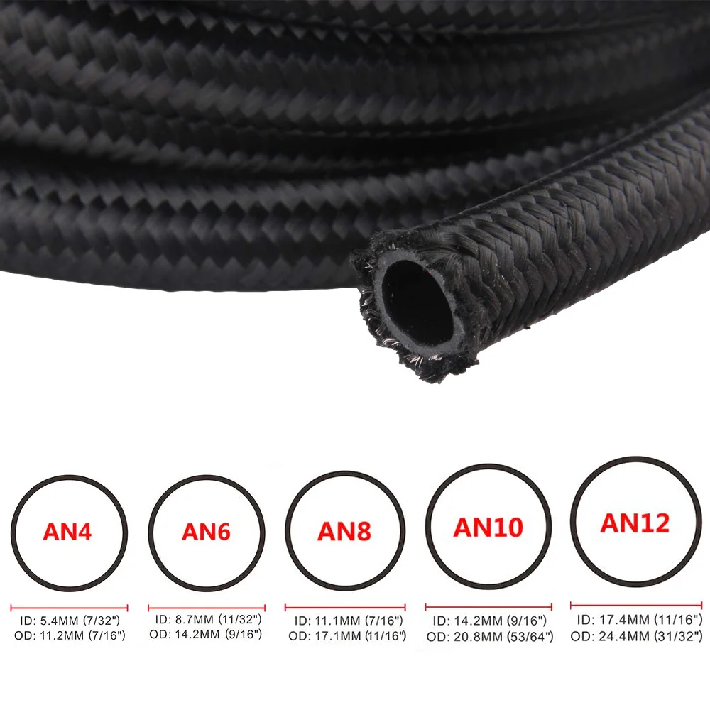 1M/3M AN4 AN6 AN8 AN10 AN12 Fuel Hose Oil Gas Cooler Hose Line Pipe Tube Nylon Stainless Steel Braided Inside CPE Rubber aluminum hose fitting