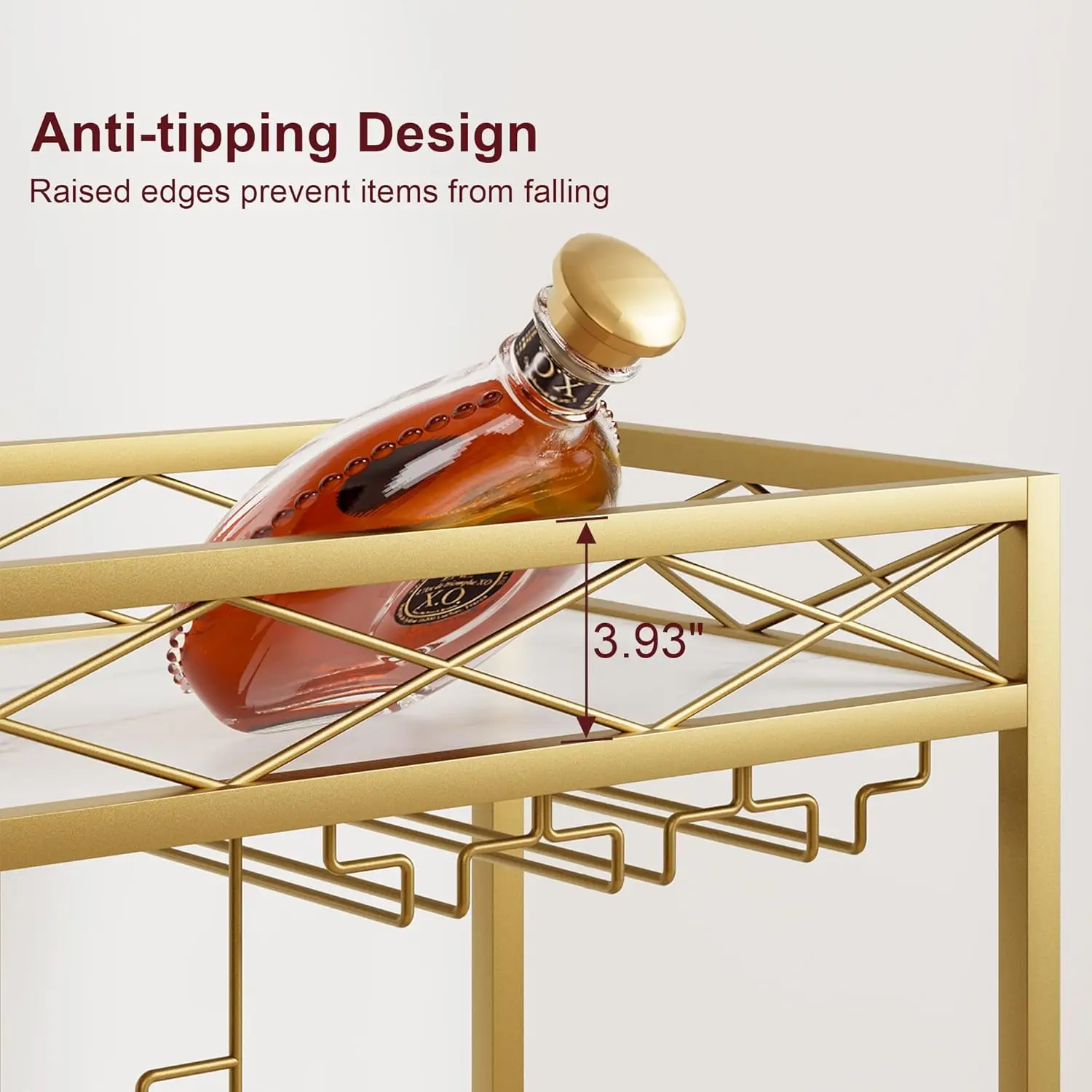 Gold Bar Cart, 2 Tier Bar Carts for The Home, Bar Carts with 4 Wheels, White Marble Finish Wood Shelf, Wine Rack & Glass Holder