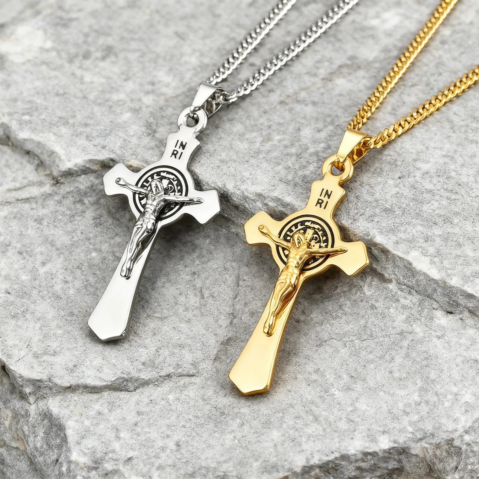 Catholic Saint Benedict Cross Necklce for Men,Stainless Steel Necklace Jesus Cross Pendant,Crucifix Necklace Gift