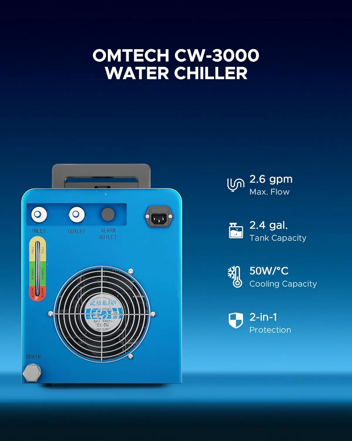 OMTECH 9L Industrial Chiller for 40W K40 CO2 Laser Machines - 2.6 GPM Water Cooling System