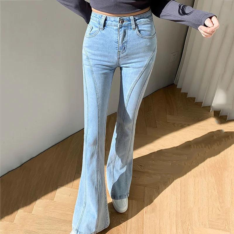 Slim Vintage Flare Jeans Blue Women's Jean Skinny Pants New Stretch Bell-Bottoms Vaqueros American Design Denim Leggings 94-98cm