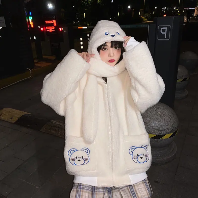 Women Kawaii Bear Embroidered Zip Up Loose Hoodies Japanese Harajuku Lambswool Sweatshirt Coats Soft Girl Cute Plush Jacket 2023