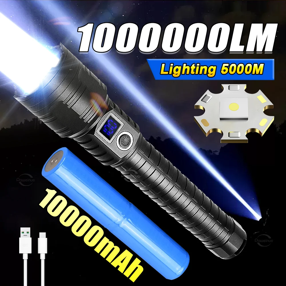 

Мощный светодиодный фонарик с высоким люменом 1000000, сверхмощный фонарик 10000 мАч, супер яркий перезаряжаемый фонарь, тактический фонарь