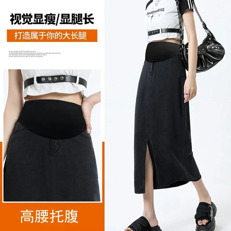 Front Splits Soft Breathable Lyocell Denim Skirts Cool Maternity Summer Dropping Adjustable Pencil for Pregnant Women Pregnancy
