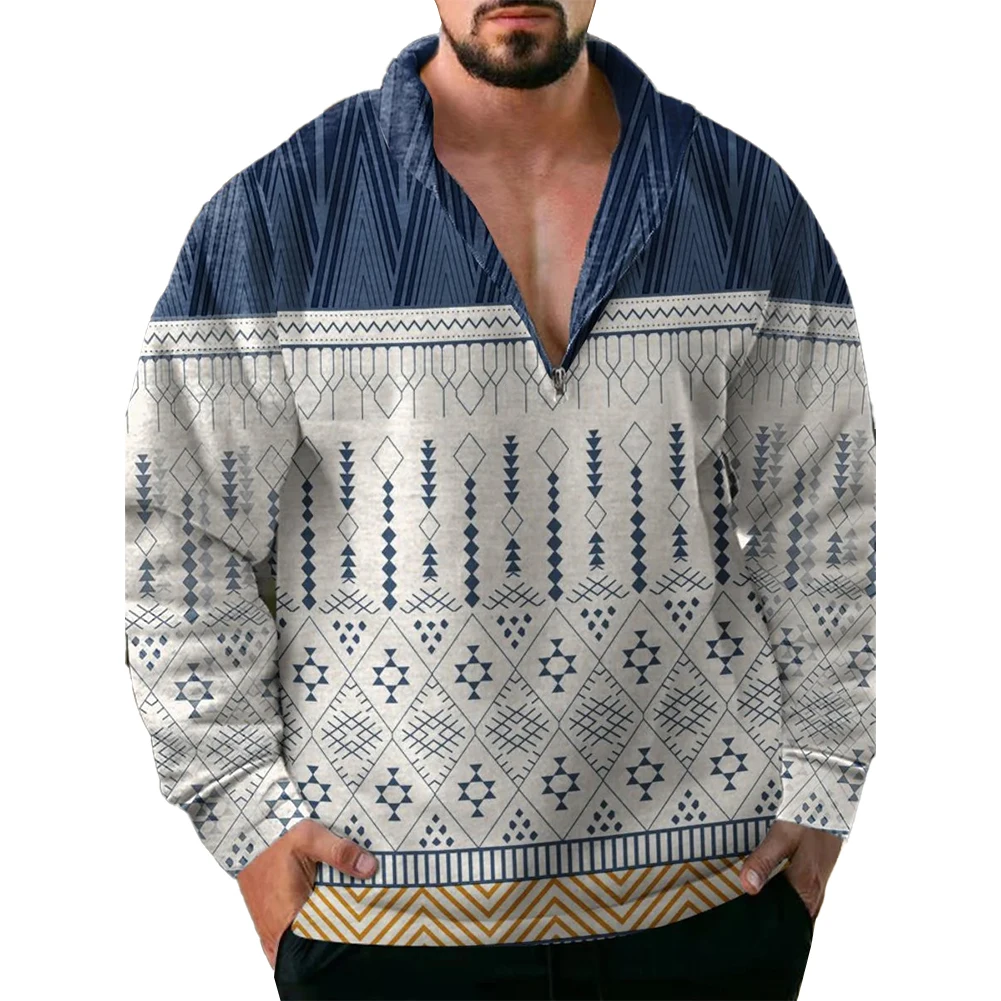

Fashion Men's Printed Long Sleeve T-Shirt Stand Collar Zip Pullovers Autumn Sports Casual Sweatshirts Man Tops