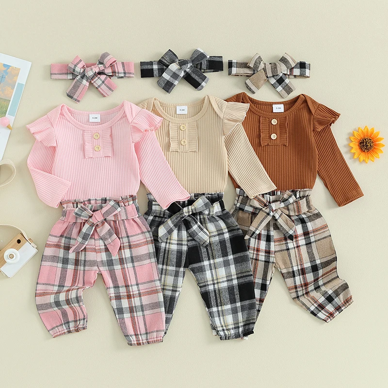 

0-18M Newborn Baby Girls Spring Fall Outfits Solid Color Ruffle Long Sleeve Rompers Plaid Long Pants Headband 3Pcs Clothes Set