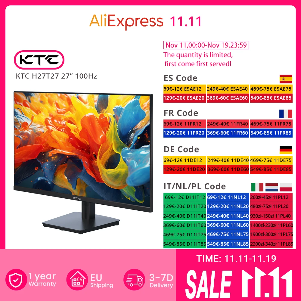 KTC H27T27 27inch QHD 100Hz Gaming Monitor 2560x1440 IPS Fast