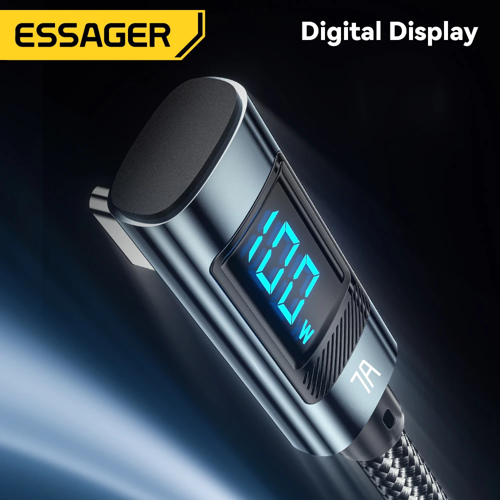 Essager 7A 100W USB C Cable Fast Charge Digital Display Elbow Type C Cable for Huawei Mate60 Pro Xiaomi Samsung Vivo Data Cord