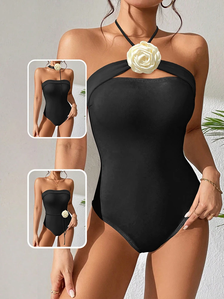 

Black One Piece Swimsuit Woman Luxury Bandeau Swimwear Korea Style Bride Swimsuit Beachwear Monokini Bodysuit Bikini Female 2024