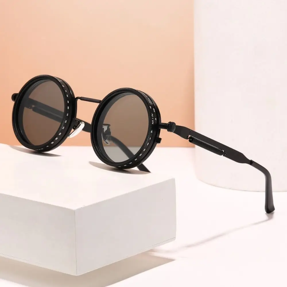 Round Retro Anti-UV Sunglasses with Adjustable Dimming and Glasses Case