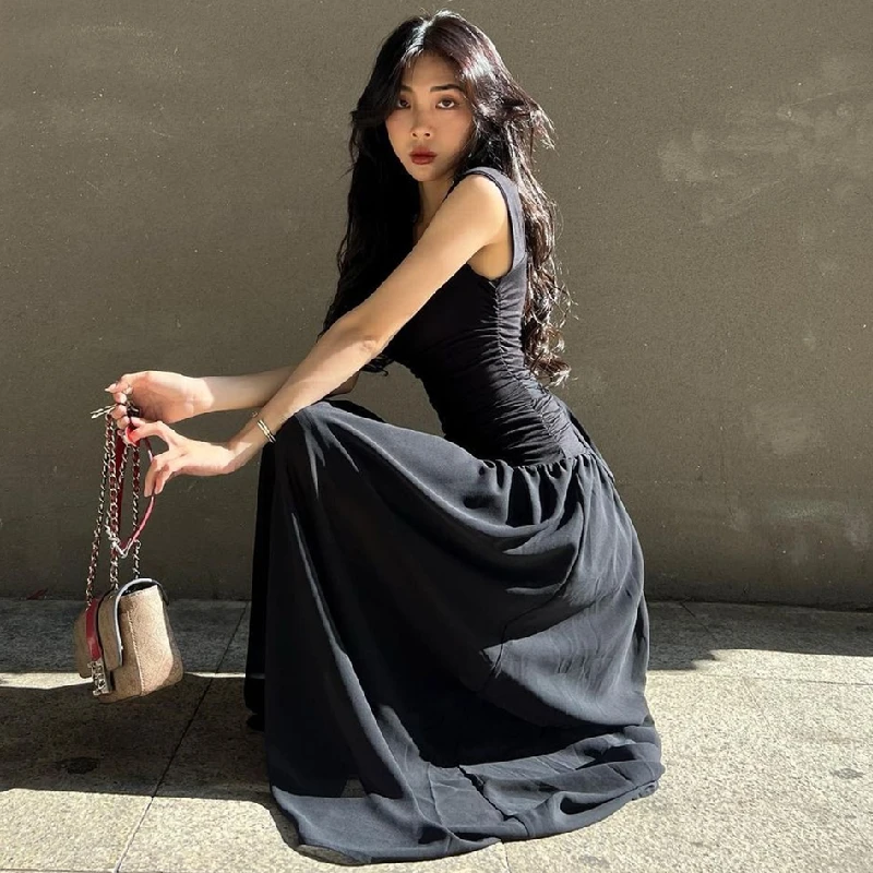 Women Summer Party Long Dress Sexy Ruched Bodycon Black Maxi