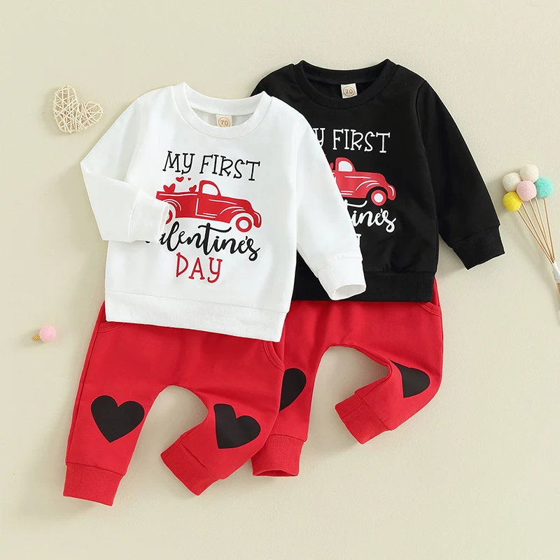 

2023-09-23 Lioraitiin 0-24M Cute Newborn Baby Boy Fall Clothes My First Valentines Day Truck Sweatshirt Pants Infant Outfits Set