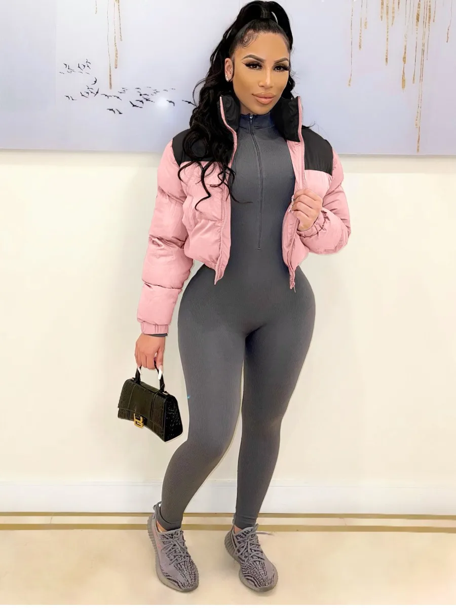 LW Zip Up Pocket Patchwork Puffer Jacket Women's Winter Long Sleeve Zip Puffer Jacket Pockets Baggy Short Down Coats