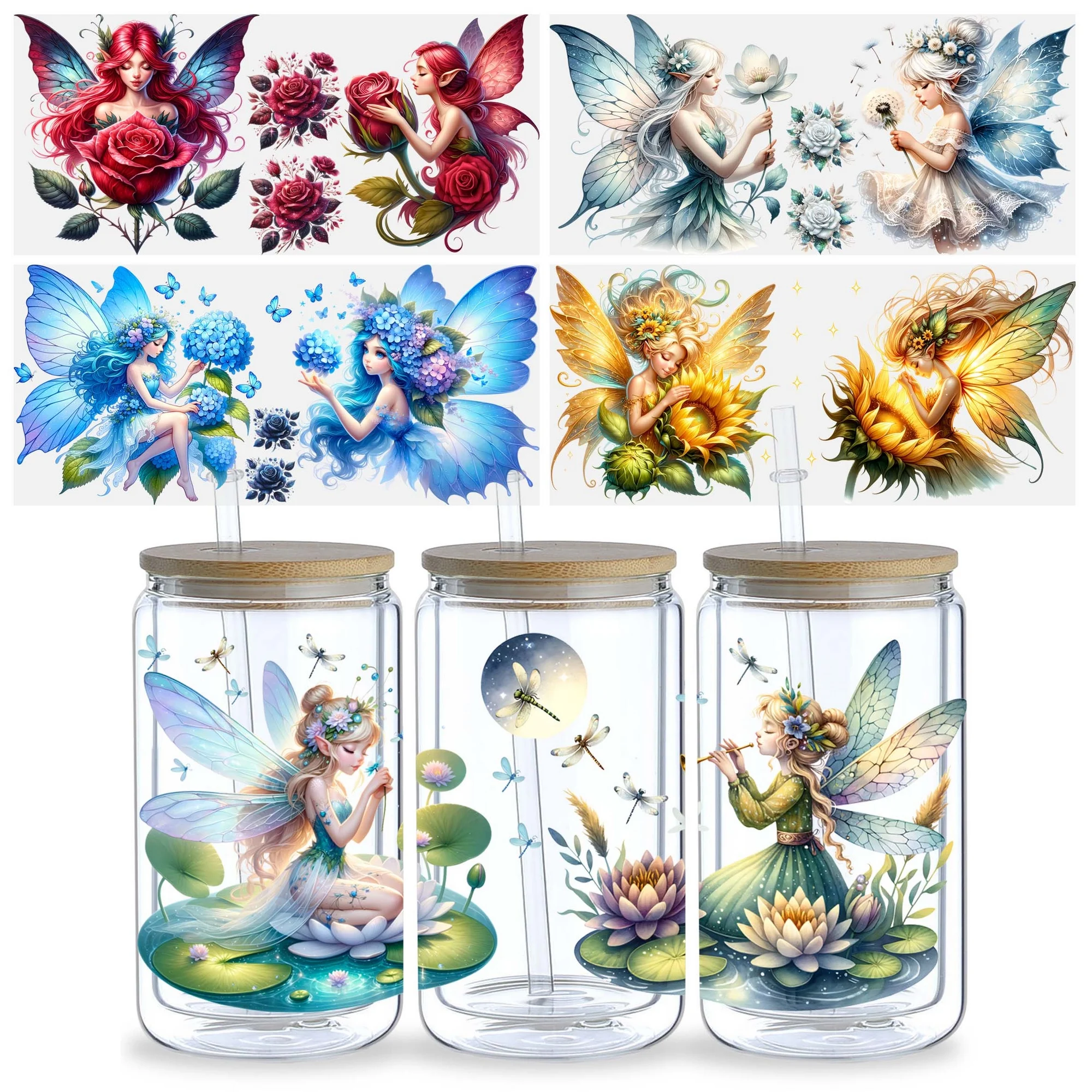 5sheets Flower Fairy UV DTF Cup Packaging for 16oz Glass Cup, Waterproof Beautiful Design Sticker Suitable for 16oz Glass Cup