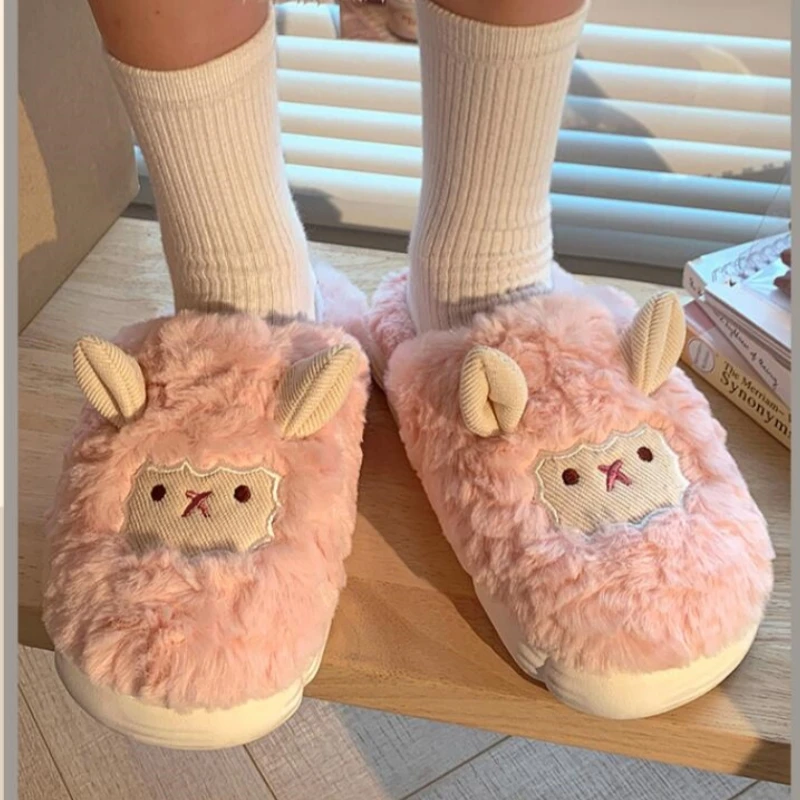 Winter Cartoon Sheep Plush Slippers For Women Men Warm Soft Fluffy Fur Slides Adults Cute Indoor Home Sandal Couple Cotton Shoes 5