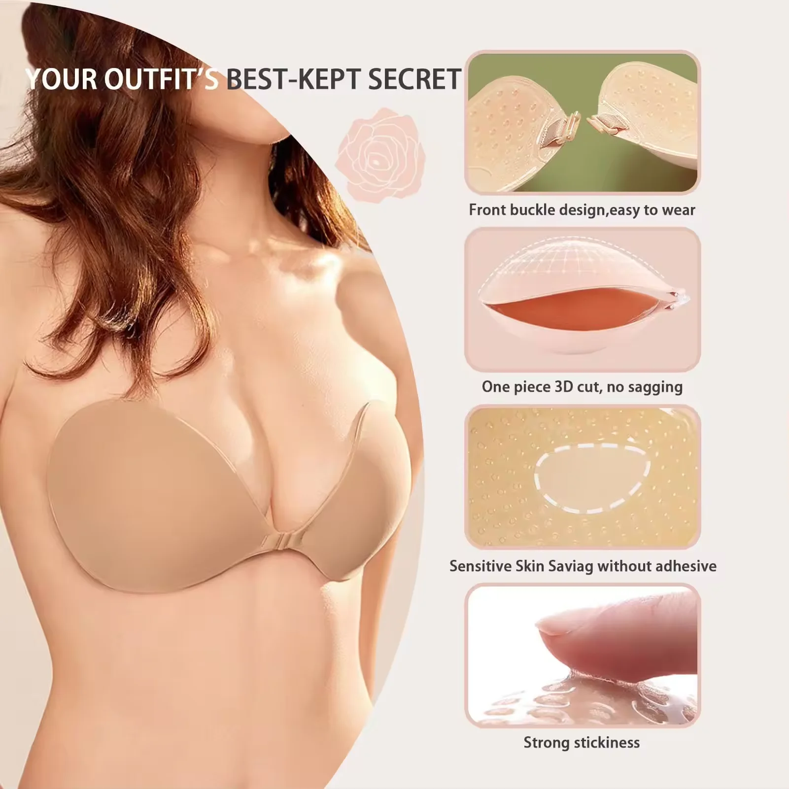 ZDQCB Reggiseno invisibilein Schiena Nuda Adesivo Silicone Reggiseno Senza Spalline Push up Copricapezzoli Adesivi Donna- Cucchiaio-L