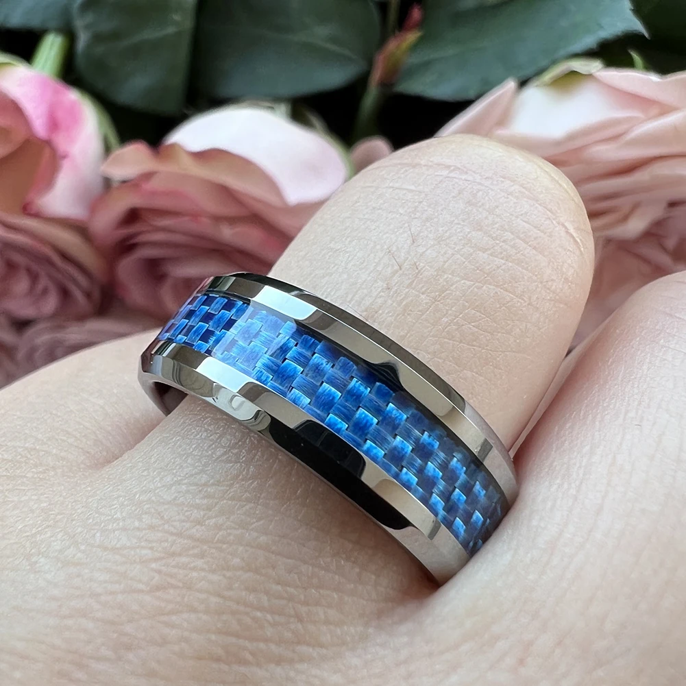6mm 8mm Dropshipping Tungsten Carbide Ring Wedding Band for Men Women Blue Carbon Fiber Inlay Beveled Edges Comfort Fit