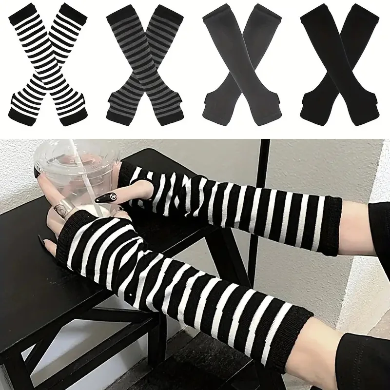 

knitted Long Fingerless Gloves Hip Hop Oversleeve Men and Women Stripe Black Soft Skin Friendly Gloves Stretch Winter Arm Warmer