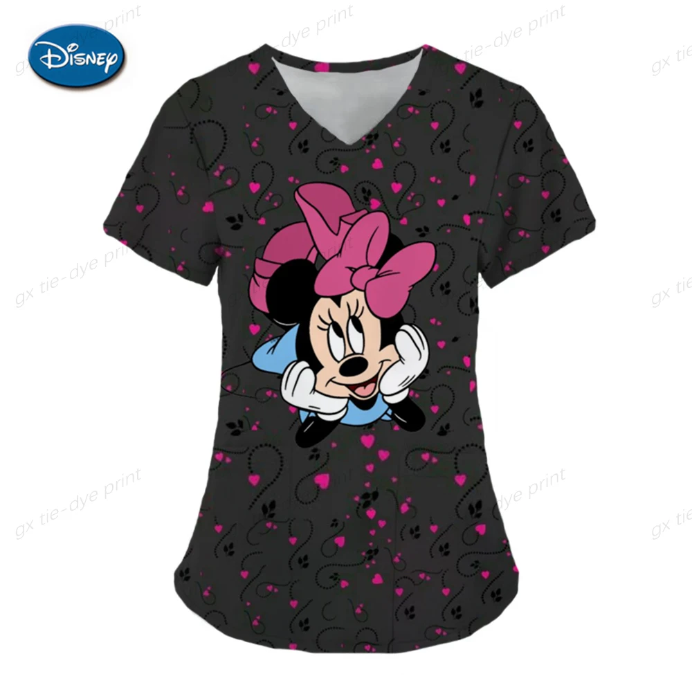 

2024 Female Doctor Nurse Uniform Cartoon Disney Mickey Mouse Printed Pocket V-neck Nursing Matte Top T-shirt Work Uniform