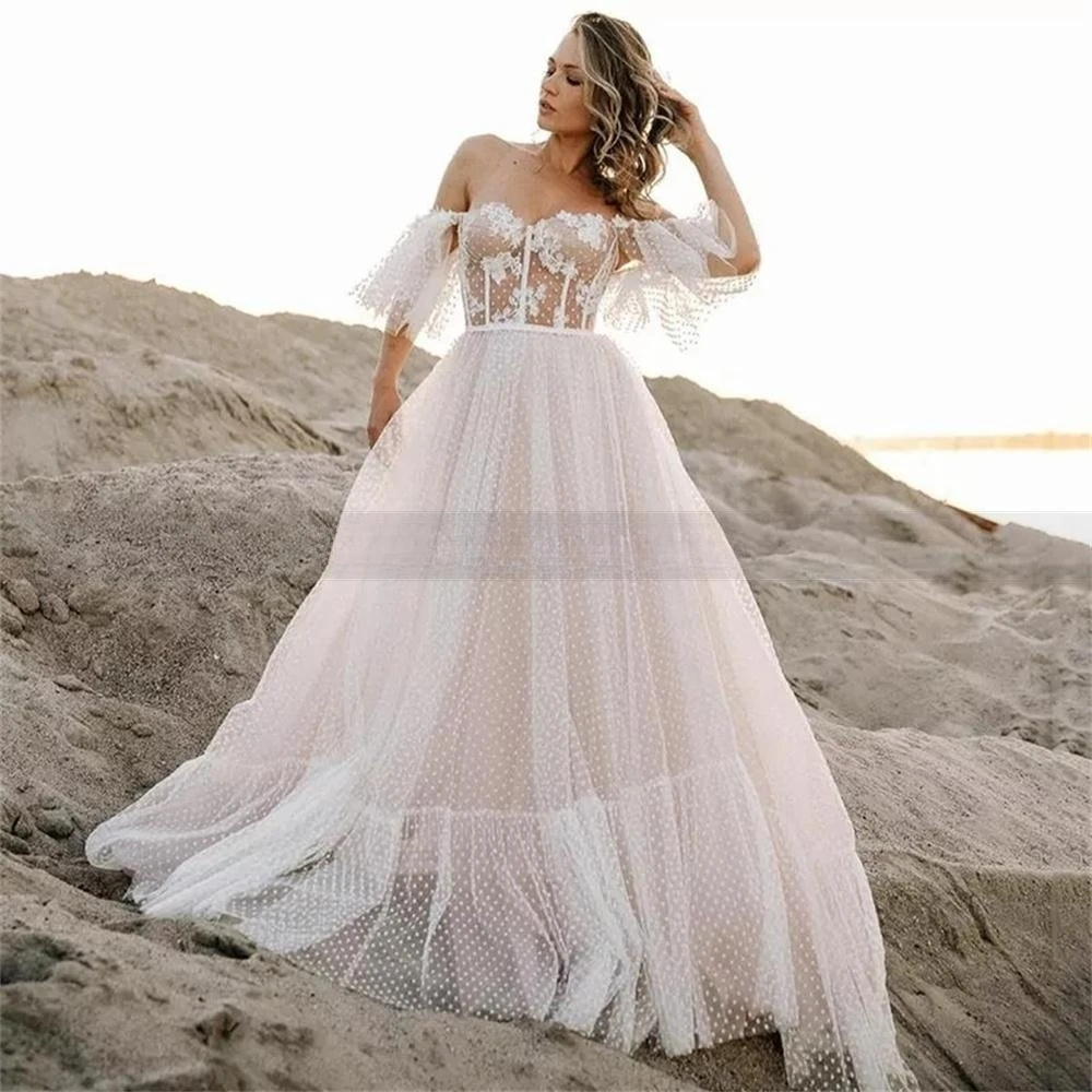 

Bohemian Wedding Dresses Dots Tulle Lace Bridal Dress 2024 off Shoulder Champagne Ivory Customize To Meausres Elegant Robe De M